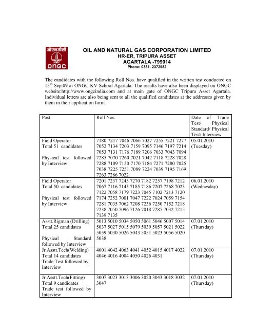 Recruitment test held on September 13, 2009 for Field ... - ONGC