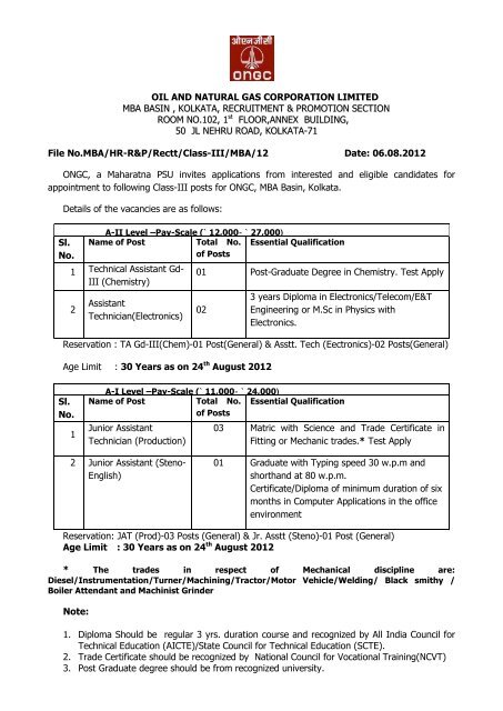 Recruitment of candidates for Class-III posts at ONGC, MBA Basin 