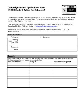 Campaign Intern Application Form STAR - Student Action for Refugees