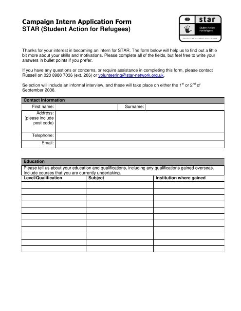 Campaign Intern Application Form STAR - Student Action for Refugees