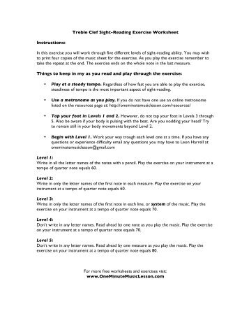 Treble Clef Sight-Reading Exercise Worksheet Instructions