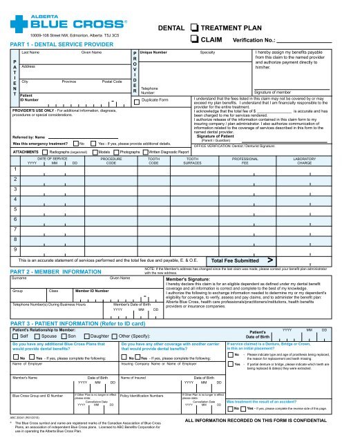 Dental claim form. - Alberta Blue Cross