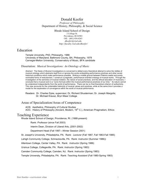 Donald R. Keefer's CV - Rhode Island School of Design