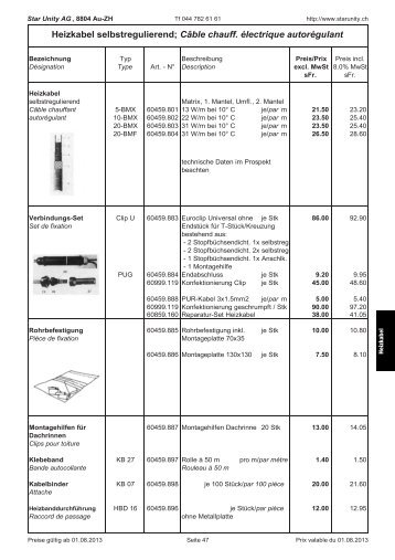 Heizkabel selbstregulierend; Câble chauff. électrique ... - Star Unity AG