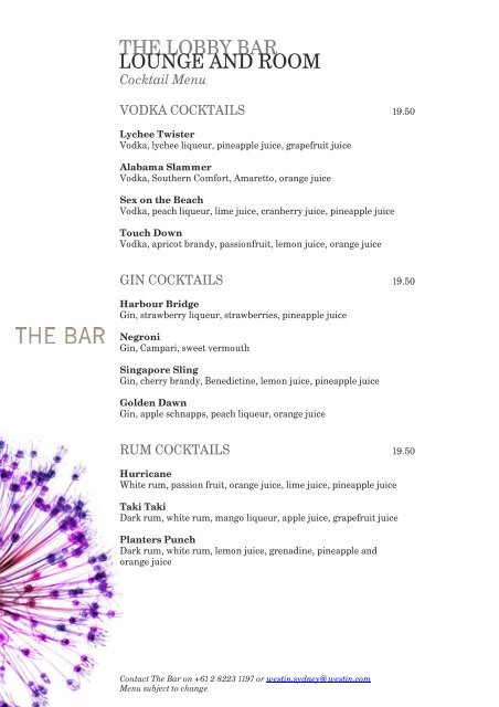 Beverage Menu Starwood Hotels Resorts