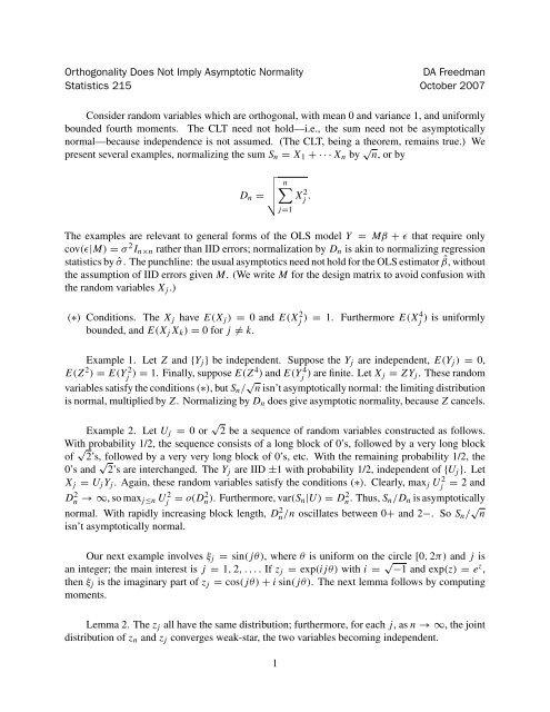 Orthogonality Does Not Imply Asymptotic Normality DA Freedman ...