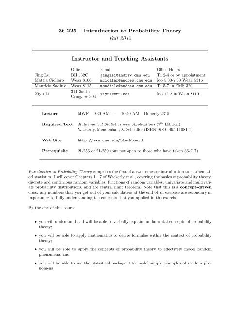 36-225 â Introduction to Probability Theory Fall 2012 Instructor and ...