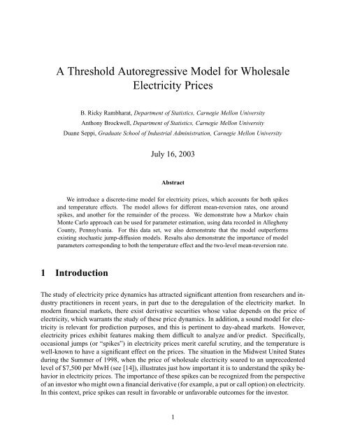 A Threshold Autoregressive Model for Wholesale Electricity Prices