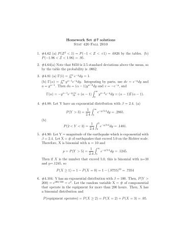 Homework Set #7 solutions Stat 420 Fall 2010 1. #4.62 (a) P(Z 2 < 1 ...