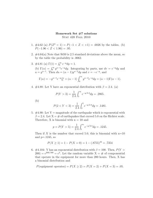 Homework Set #7 solutions Stat 420 Fall 2010 1. #4.62 (a) P(Z 2 < 1 ...