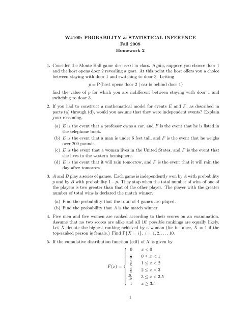 W4109: PROBABILITY & STATISTICAL INFERENCE Fall 2008 ...