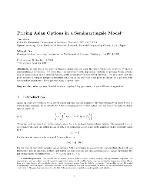 Pricing Asian Options in a Semimartingale Model - Department of ...