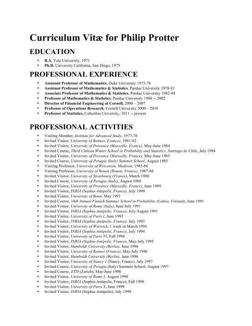 Curriculum VitÃ¦ for Philip Protter - Department of Statistics ...