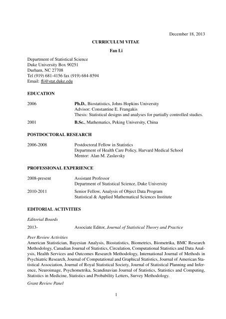 Curriculum Vitae - Department of Statistical Science - Duke University