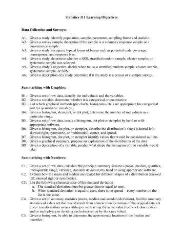 Statistics 311 Learning Objectives Data Collection and Surveys: A1 ...