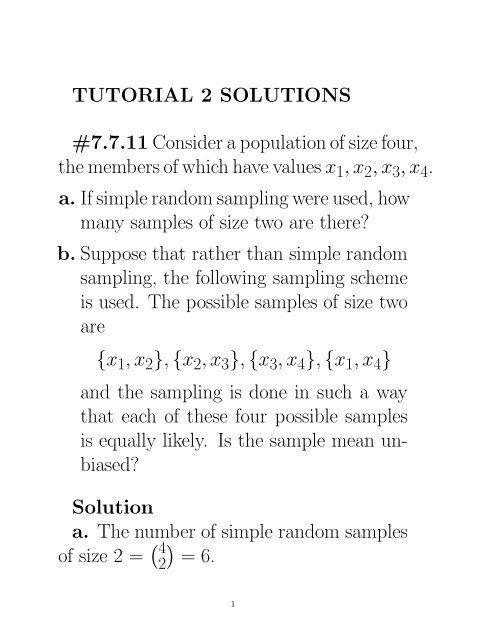 TUTORIAL 2 SOLUTIONS #7.7.11 Consider a population of size four ...