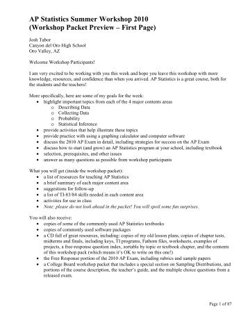 AP Statistics Summer Workshop 2010 (Workshop Packet Preview ...