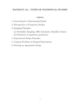 HANDOUT #2 - TYPES OF STATISTICAL STUDIES 1. Ovservational ...