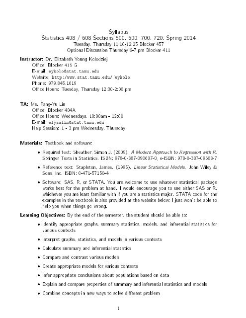 SYllABUs Statistics 408 / 608, Spring 2013 - Texas A&M University