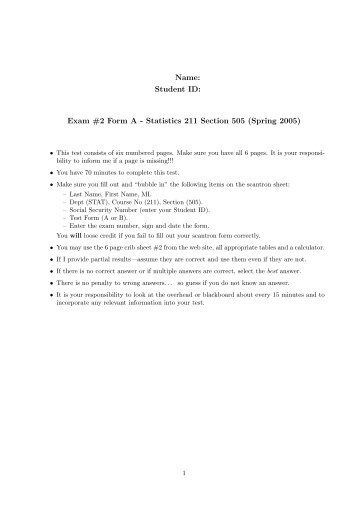 Exam #2 Form A - Statistics 211 Section 505 (Spring 2005)