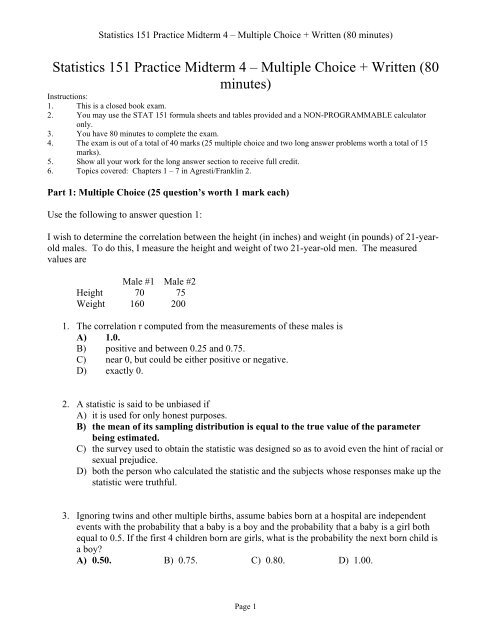 Statistics 151 Practice Midterm 4 â Multiple Choice + Written (80 ...