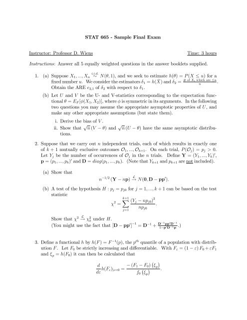 Stat 665 Sample Final Exam Instructor Professor D Wiens Time