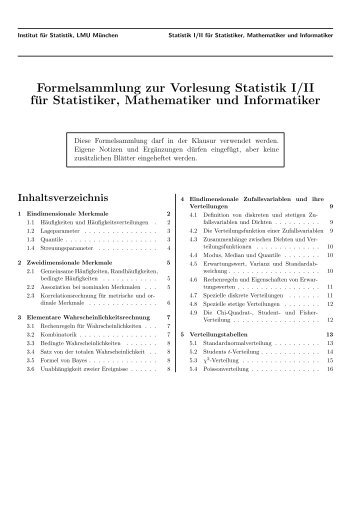 Formelsammlung zur Vorlesung Statistik I/II für ... - Institut für Statistik