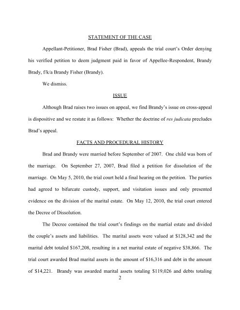 Brad A. Fisher v. Brandy Fisher - State of Indiana