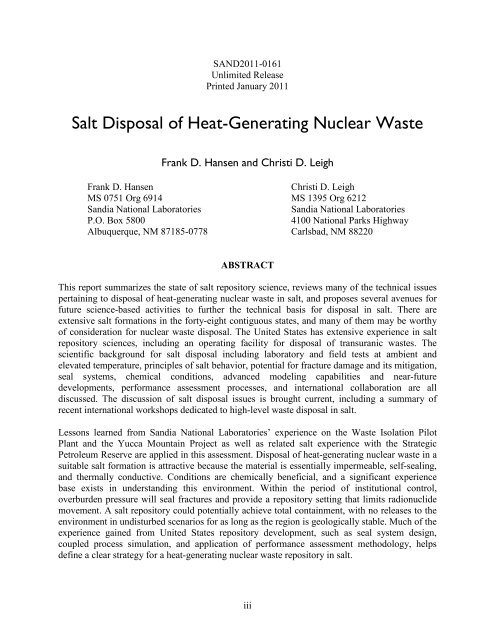 Salt Disposal of Heat-Generating Nuclear Waste