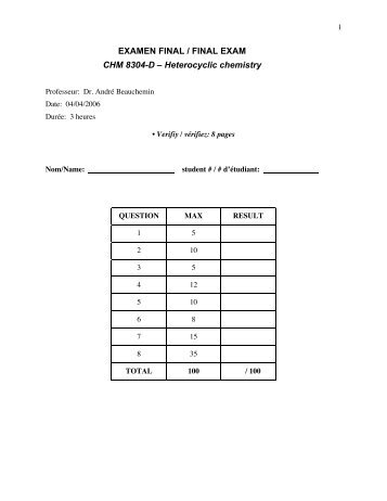 EXAMEN FINAL / FINAL EXAM CHM 8304-D – Heterocyclic chemistry