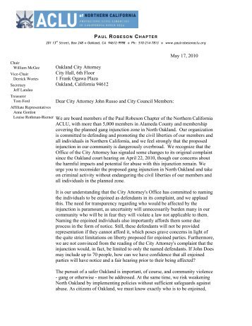 Letter from Paul Robeson Chapter - Oakland City Attorney