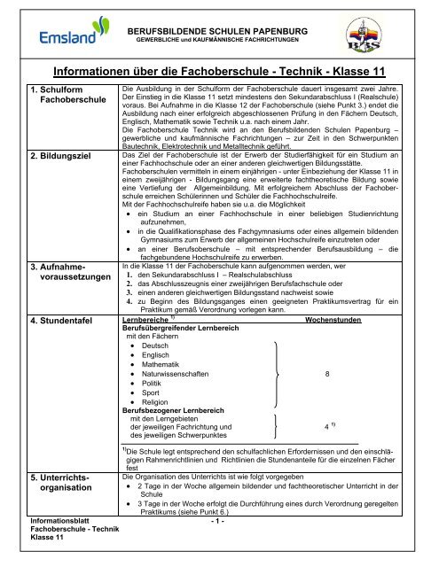 Informationen Ã¼ber die Fachoberschule- Technik - Klasse 11