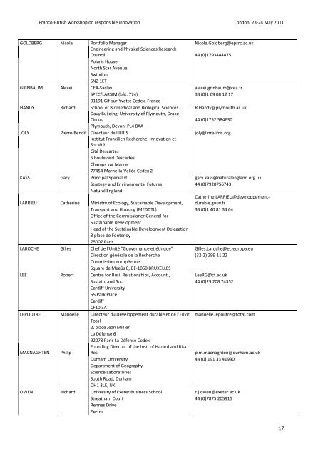 Draft Outline For Responsible Innovation Workshop, April / May 2011