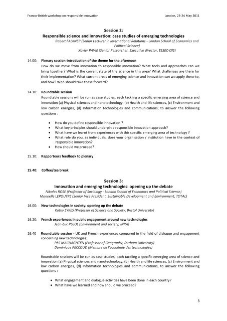 Draft Outline For Responsible Innovation Workshop, April / May 2011