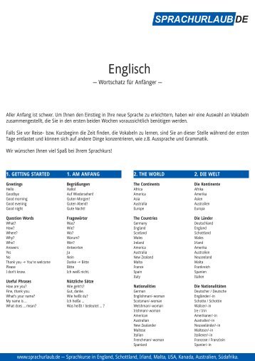 Englisch Wortschatz fÃ¼r AnfÃ¤nger, A4-Format ... - Sprachurlaub.de