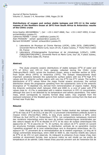 Distributions of oxygen and carbon stable isotopes and CFC-12 in ...