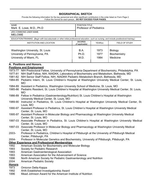 BIOGRAPHICAL SKETCH Mark E. Lowe, M.D., Ph.D Professor of ...