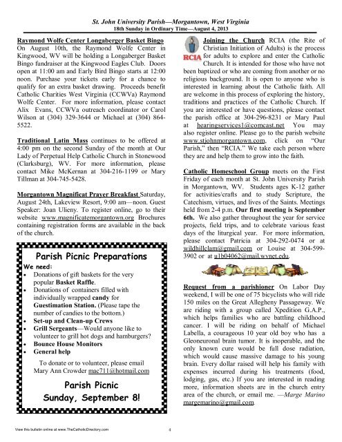 Bulletin for August 4, 2013 - St. John University Parish