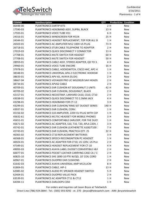 Confidential 3/16/2011 Plantronics - 1 of 4 06448-00 ... - TeleSwitch