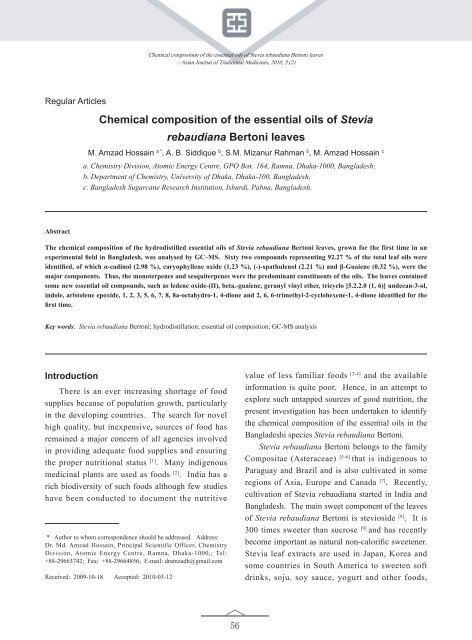 Chemical composition of the essential oils of Stevia rebaudiana ...