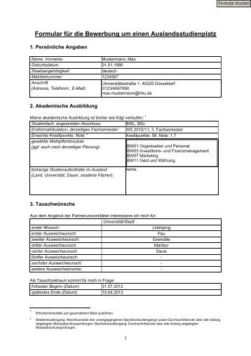 Formular für die Bewerbung um einen Auslandsstudienplatz