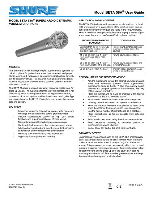 Shure Beta 58A Microphone User Guide - Pro Music