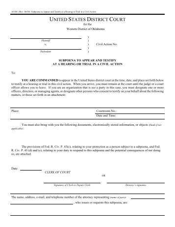 Subpoena To Appear And Testify Civil - Western District of Oklahoma