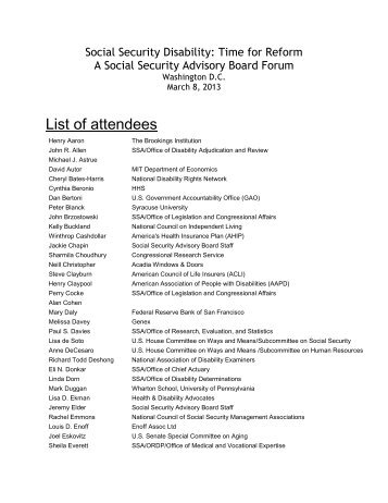 List of attendees - Social Security Advisory Board