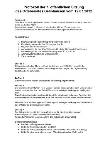 Protokoll der 7. öffentlichen Sitzung des Ortsbeirates ... - Fronhausen