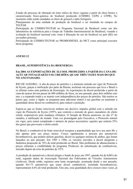 ComissÃ£o Especial da Bioenergia - RCE 1/2006 - RelatÃ³rio