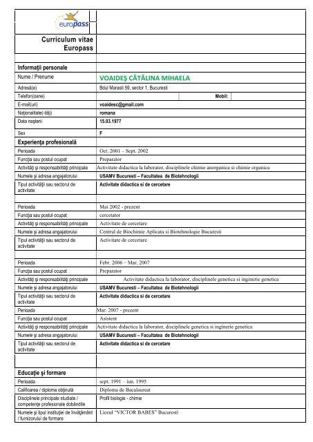 Curriculum vitae Europass - Facultatea de Biotehnologii