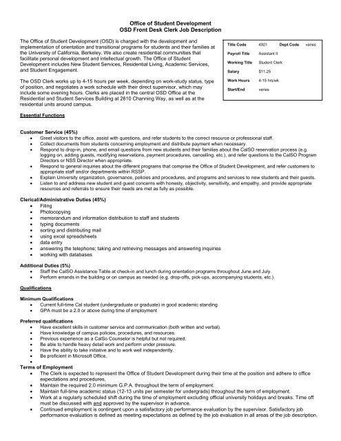 Office Of Student Development OSD Front Desk Clerk Job Description