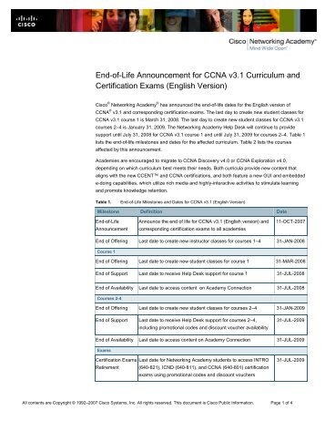 End-of-Life Announcement for CCNA v3.1 Curriculum and ... - Cisco