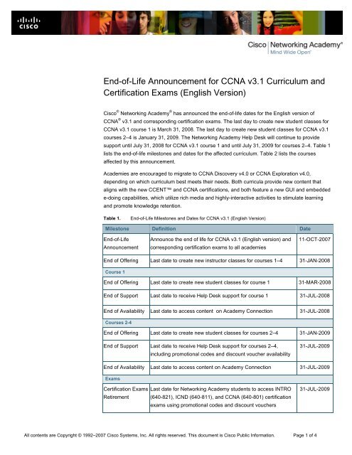 End-of-Life Announcement for CCNA v3.1 Curriculum and ... - Cisco